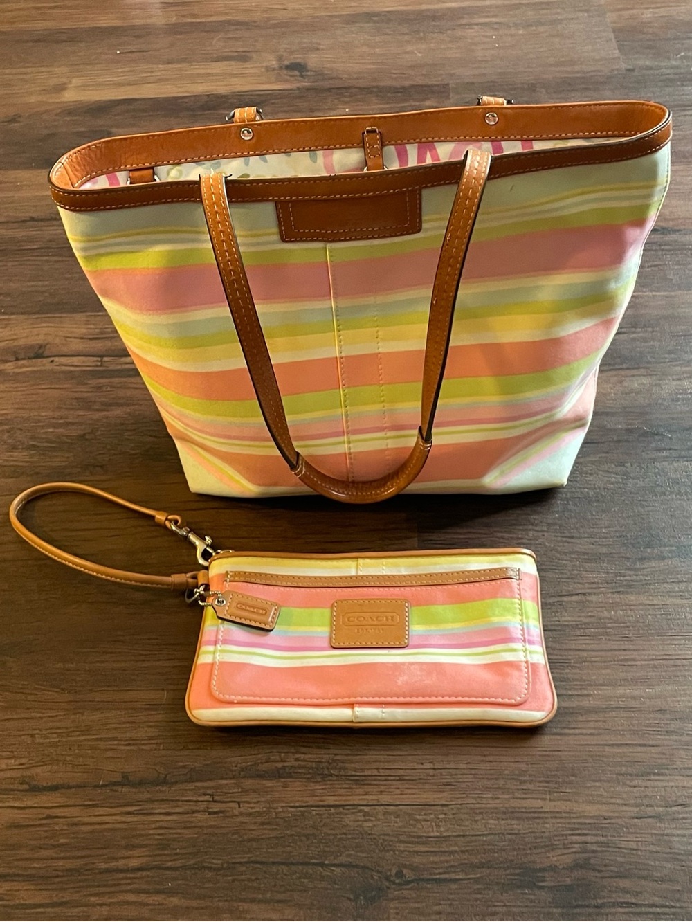Coach Hampton Pastel Multi-Stripe Tote Purse Wristlet Set Multicolor Leather